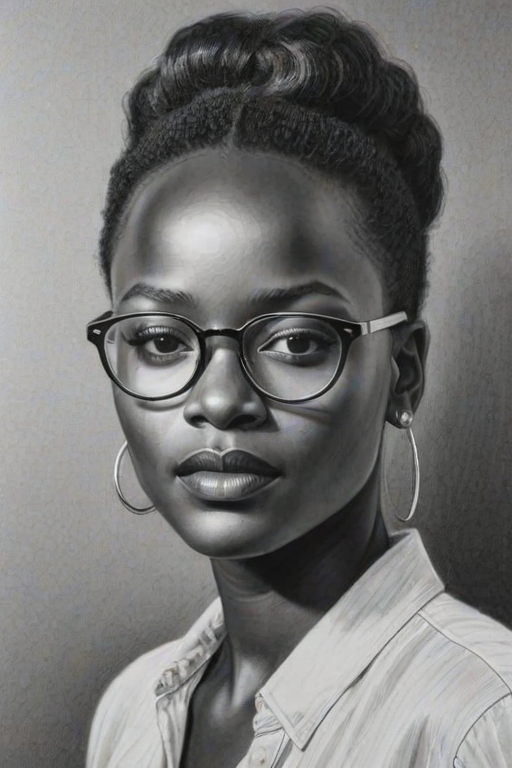 Fetching Lupita Nyong'o, pencil sketch, portrait of Superb woman 1980s in glasses, hair style beatnik, outline, clear lines, fine lines, 8k