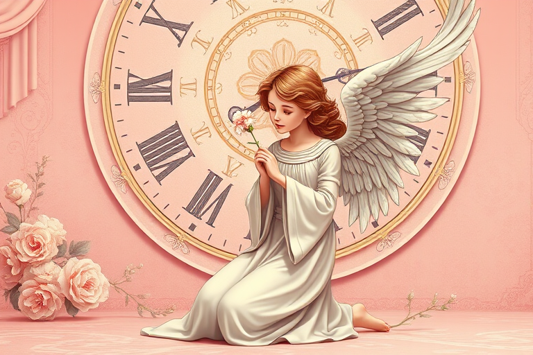 Create a detailed illustration of a serene angel figure with flowing garments kneeling gracefully while holding a delicate flower, set against a soft pink background featuring a large, ornate clock with intricate floral designs, shot with a DSLR camera at f/1.8 aperture, ISO 100, 50mm lens, and a shallow depth of field for enhanced focus on the angel.