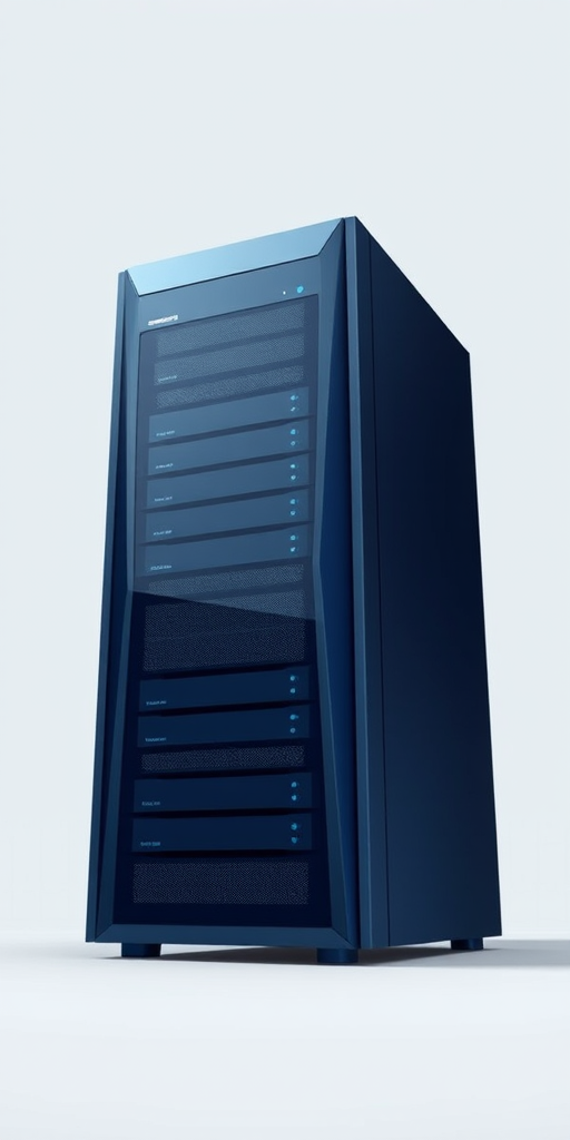 high-resolution image of a server tower with a sleek, modern design, minimalistic background; camera settings: ISO 100, f/8, 1/125s; camera view: front view; camera style: digital illustration; camera type: DSLR