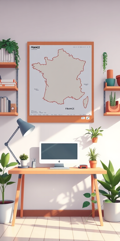 Create a digital illustration of a cozy workspace featuring a monitor, desk lamp, and a map of France on the wall, with indoor plants and bookshelves, using a high-resolution DSLR camera, f/2.8 aperture, 24mm lens, and a neutral lighting setup to enhance vibrant colors and details.