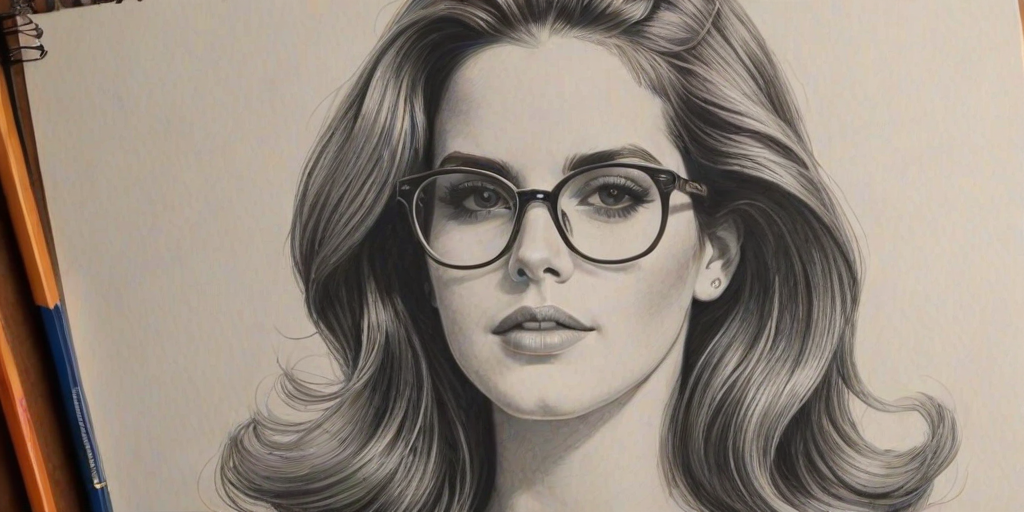 Charming Lana Del Rey, pencil sketch, portrait of Gorgeous woman 1973s in glasses, hair style beatnik, outline, clear lines, fine lines, 8k