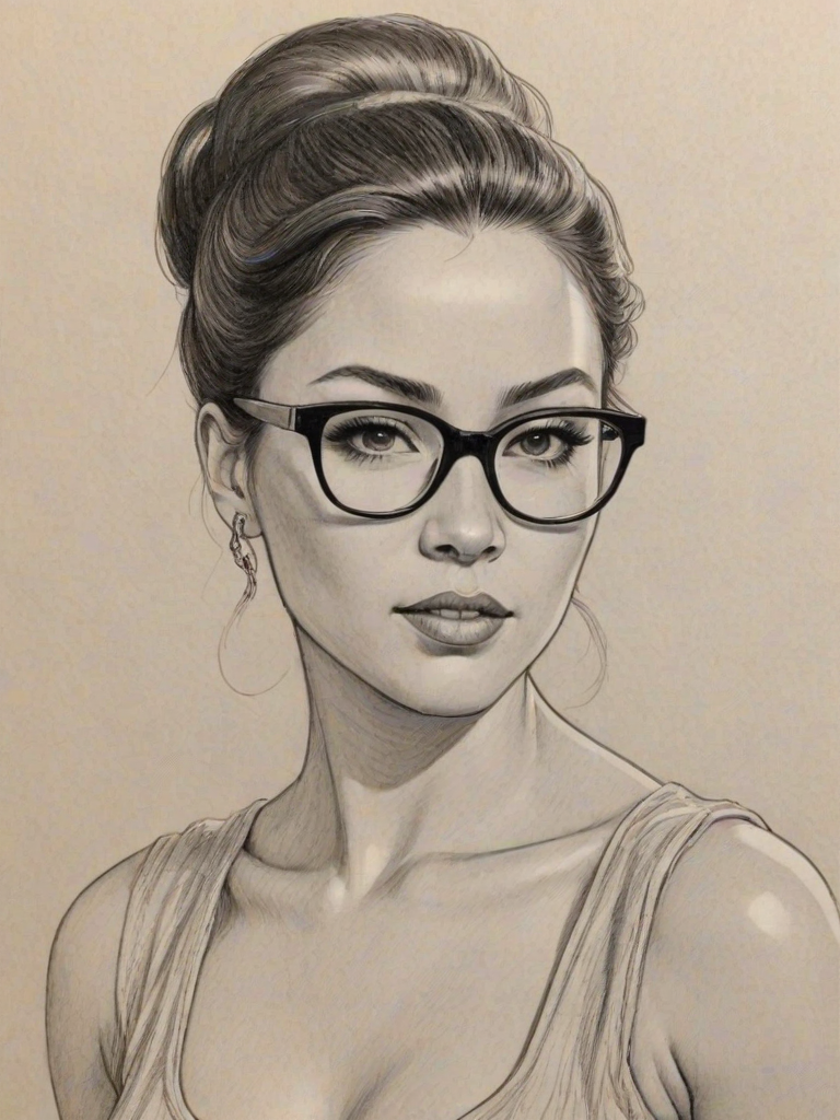 Fascinating Kitana Kiki Rodriguez, pencil sketch, portrait of Magnificent woman 1959s in glasses, hair style beatnik, outline, clear lines, fine lines, 8k
