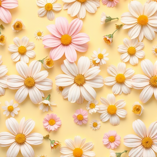 Create a high-resolution floral pattern with pastel-colored flowers on a soft yellow background, using a Canon EOS R5, f/2.8, ISO 100, 50mm lens, in a flat lay view to enhance texture and detail.
