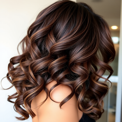 Luscious chocolate brown curls in the "Cocoa Cascade" style tumble gracefully, adorned with caramel lowlights and a deep side part for romantic allure