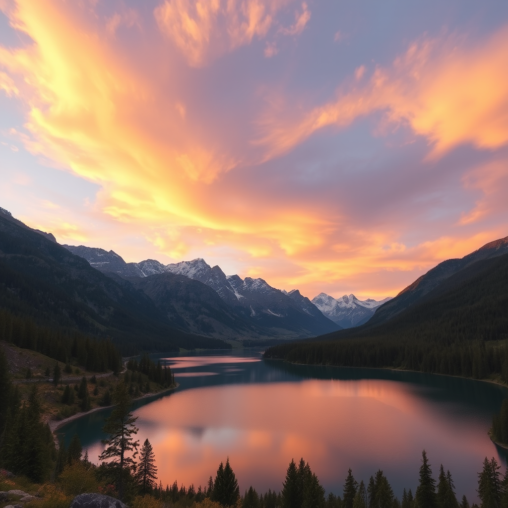 Generate an image of a serene landscape with a lake surrounded by mountains during sunset, camera settings: aperture f/8, ISO 100, shutter speed 1/125s, camera view: wide-angle, camera style: natural, camera type: DSLR.