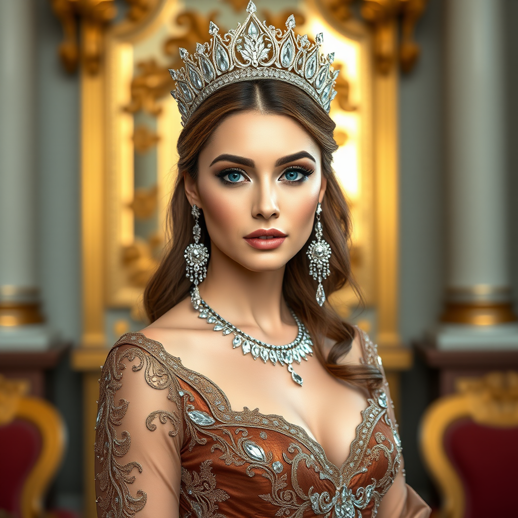A gorgeous Kazakh woman in a luxurious brown gown, accessorized with a dazzling tiara and statement earrings, her deep blue eyes highlighted by impeccable makeup, poised in a royal setting, photorealistic, 8K quality