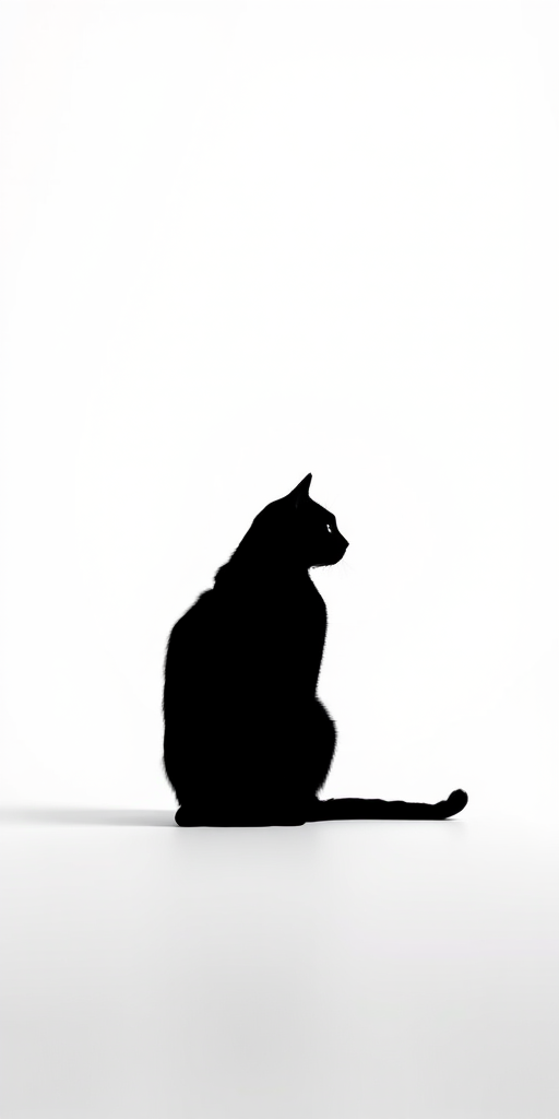 Capture a high-resolution image of a minimalistic black silhouette of a cat sitting against a white background, using a DSLR camera with a 50mm lens, aperture f/2.8, ISO 100, and a soft diffused lighting setup for enhanced clarity and detail.