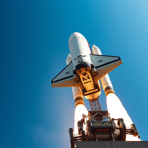 Create a high-resolution image of a space shuttle launching with a clear blue sky background, use a DSLR camera with a 50mm lens, aperture f/2.8, ISO 100, and a shutter speed of 1/500s, focused on the shuttle's details from a low-angle view to enhance the dynamic effect.