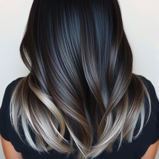 Smoky quartz ombre flowing from deep charcoal roots to translucent crystal tips, Obsidian's hair captures the essence of precious stones, with sleek straight strands and a glass-like sheen