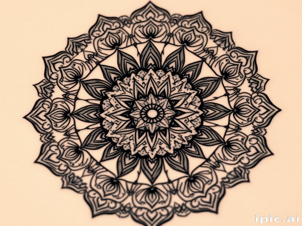 Ornate mandala tattoo called "Sacred Symmetry" showcasing intricate patterns radiating from a central point with delicate dotwork shading and precise geometric shapes