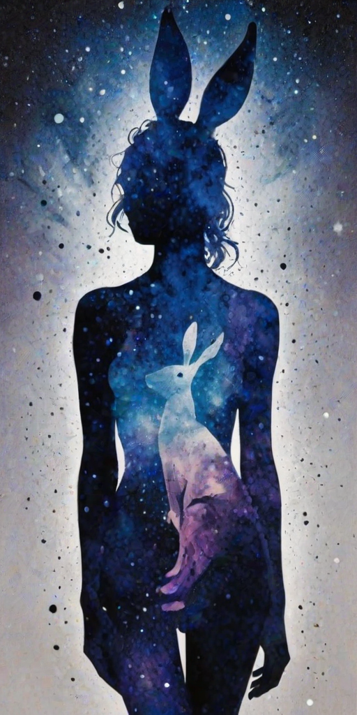 Captivating conceptual render alcohol ink art, double exposure, the paint strokes artfully merge combining a woman's full silhouette with a Humble hare's silhouette. The figures are composed of a series of colored dots, lines & spots that evoke the image of a cosmic galaxy, colors are deep shades of blue purple & black with flashes of white & silver representing distant stars. The woman's silhouette is formed within the lion's silhouette from constellations of scattered stars, surreal