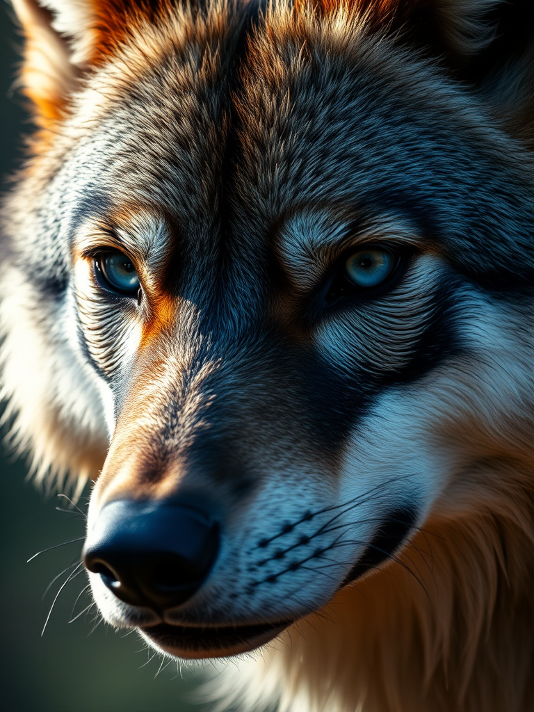 Create a detailed close-up image of a fierce wolf's face with striking blue and black markings around its eyes, using a DSLR camera, aperture f/2.8, ISO 100, 50mm lens, with soft focus background and natural lighting to enhance the intensity and depth of the gaze.