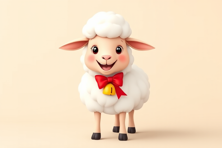 Create a cartoon-style image of a happy sheep with fluffy white wool and a red bow, wearing a bell around its neck, standing on a flat surface against a simple background, shot with a DSLR camera at f/2.8 aperture, ISO 100, 50mm lens, in vibrant colors for enhanced quality.