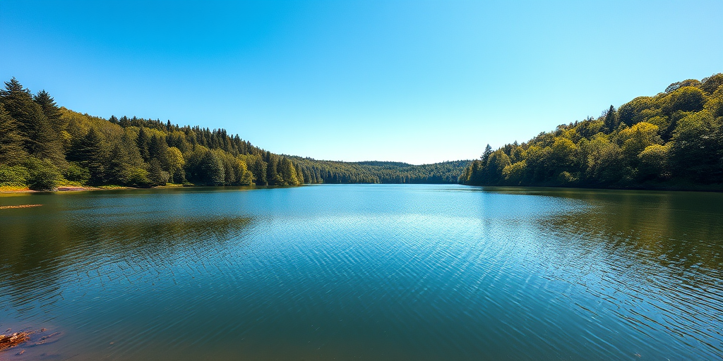 Generate a high-resolution image of a serene landscape featuring a tranquil lake surrounded by lush greenery under a clear blue sky, captured with a Canon EOS R5, 24mm f/1.4 lens, ISO 100, aperture f/8, shutter speed 1/200s, in a wide-angle view to enhance depth and detail.