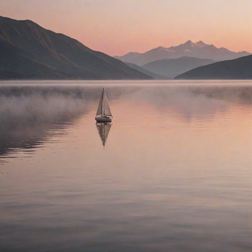 Softly focused image of a sailboat drifting peacefully on a calm lake at sunset, the water reflecting soft shades of pink and orange, with distant mountains barely visible through the evening mist.