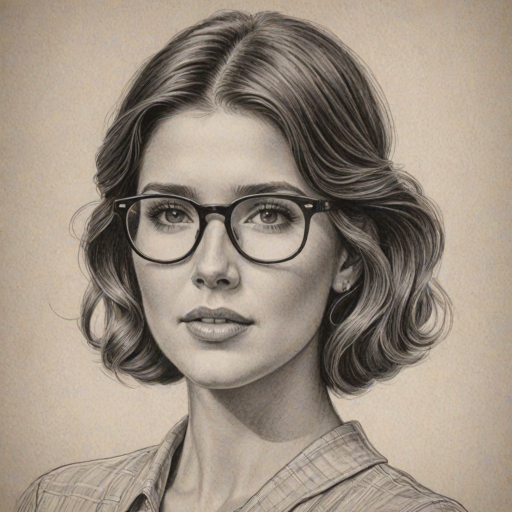 Appealing Katherine Schwarzenegger, pencil sketch, portrait of Delightful woman 1931s in glasses, hair style beatnik, outline, clear lines, fine lines, 8k