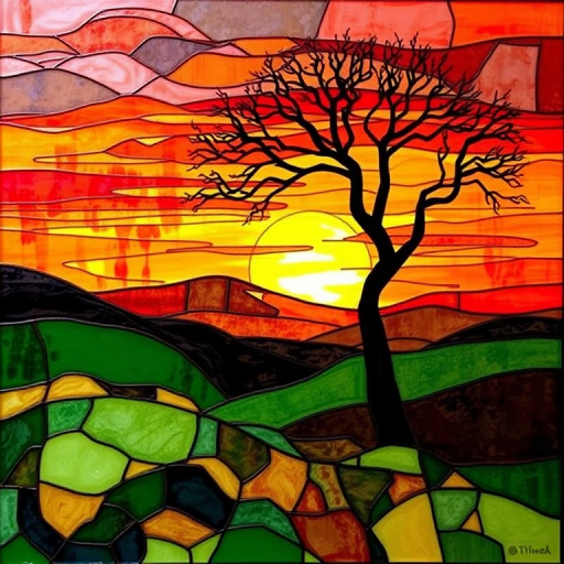 A vibrant abstract painting on Tiffany Glass, blending acrylic and alcohol ink techniques, captures a dramatic sunset over rolling hills. The artwork features a textured, rocky foreground in green and brown, layered abstract hills, and a striking sunset in rich oranges, yellows, and reds. A solitary black tree with intricate branches contrasts against the fiery sky, creating a dynamic and expressive portrayal of a breathtaking natural scene.