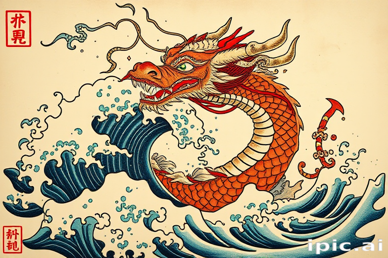 Japanese-inspired irezumi tattoo depicting a fierce dragon emerging from crashing waves, bold outlines and vibrant colors, intricate scales and traditional motifs, full-body coverage design