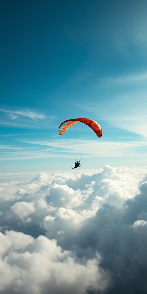 A paraglider soaring through a cloudy sky, captured with a DSLR camera, 50mm lens, f/8 aperture, ISO 100, 1/500 sec shutter speed, in landscape orientation for enhanced clarity and detail.