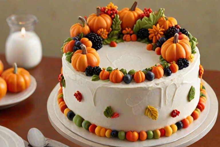 Create an image of a beautifully decorated cake featuring autumn-themed ornaments. The cake should have a smooth white frosting and be adorned with vibrant orange and red flowers, small pumpkins, and colorful autumn leaves. Incorporate details like berries and intricate sugar decorations to enhance the seasonal theme. The overall look should be festive and inviting, perfect for a fall celebration.