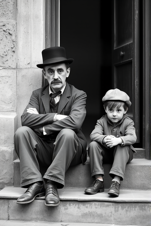 A black-and-white photograph of a man and a child sitting on steps in front of a doorway. The man is dressed as a tramp with a bowler hat, mustache, and ragged clothes, reminiscent of Charlie Chaplin's iconic look. He is sitting with his arms crossed and an expression of slight sadness or frustration. Next to him is a young boy, also in worn clothes and a cap, sitting with his hands clasped, looking thoughtful. The background is an old, textured wall and a partially open door, creating a vintage, early 20th-century atmosphere.