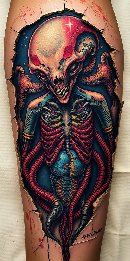 Biomechanical horror tattoo revealing grotesque alien anatomy beneath torn skin, incorporating hyperrealistic textures and vibrant colors for a truly unsettling