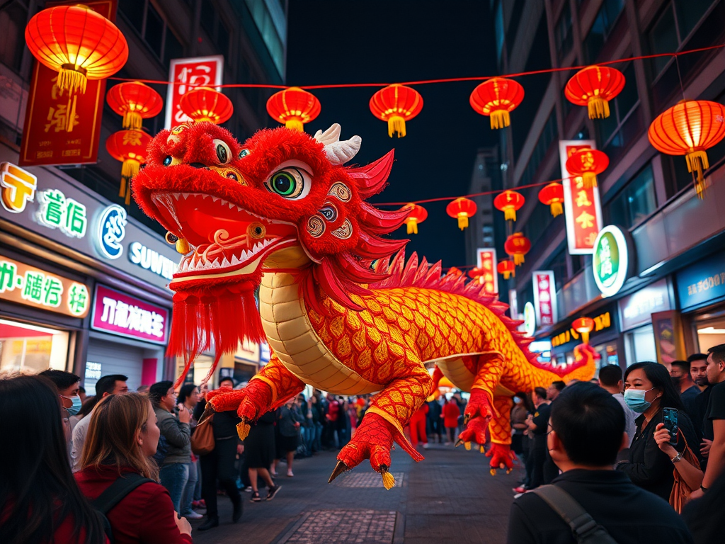 Capture a vibrant Chinese New Year dragon dance in a bustling urban street, illuminated by colorful lanterns at night, using a Canon EOS R6 with a 24-70mm lens, aperture f/2.8, ISO 800, shutter speed 1/250s, at a low angle to emphasize the dragon's movement and the crowd's engagement.