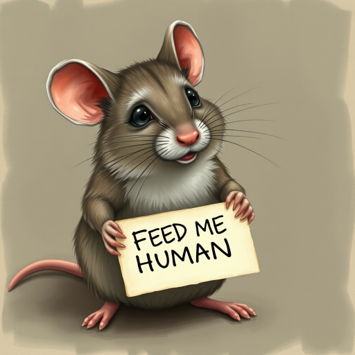 mouse holding a note which says "FEED ME HUMAN"