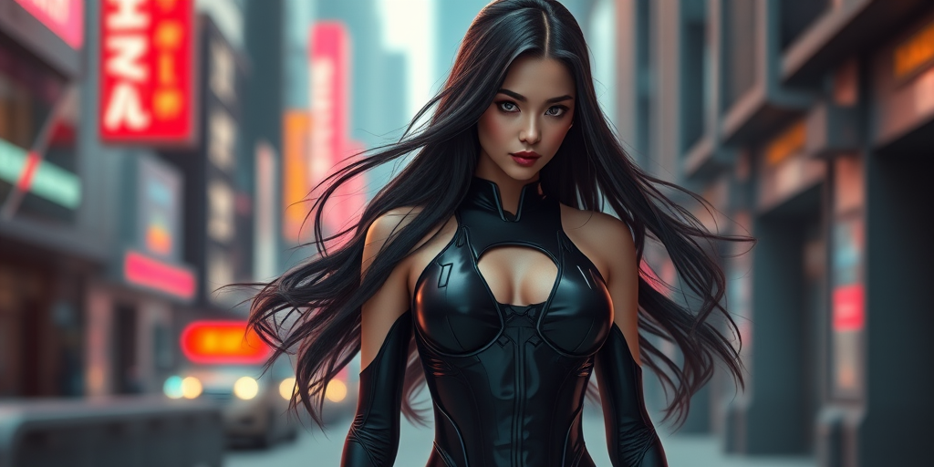 Create a digital artwork of a stunning female character in a sleek black bodysuit, featuring long flowing hair and intricate details in a futuristic urban setting, use a Canon EOS R5, 50mm lens, f/1.8 aperture, ISO 100, 1/200 sec shutter speed, cinematic lighting, soft focus background, and vibrant color contrasts.