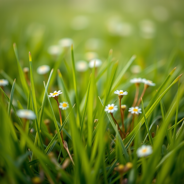 macro shot of soft green grass with delicate flowers, shallow depth of field, ISO 200, f/2.8 aperture, 50mm lens, natural lighting, DSLR camera, focus on foreground details