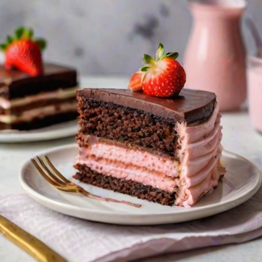Generate an image of a slice of layered cake showing four distinct layers. The bottom layer is rich chocolate, the next layer is a vanilla cake, followed by a strawberry layer, and topped with a pink frosting. The slice is served on a white plate with a gold fork beside it. The setting is casual, with a rustic background.