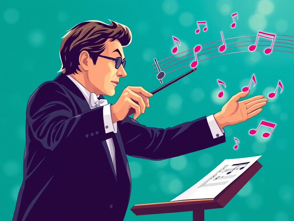 Create an illustration of a conductor with a baton orchestrating music notes on a teal background with soft bokeh effects, using a DSLR camera at f/2.8, ISO 100, 50mm lens, shot from a slightly elevated angle to enhance depth and clarity.