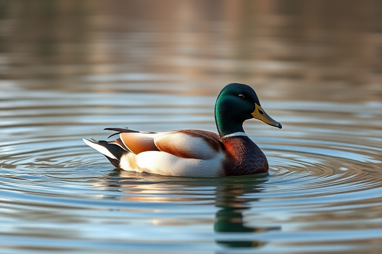 generate a detailed illustration of a duck swimming on a serene lake, using a long exposure effect to capture smooth water ripples, macro lens to enhance feather texture, soft natural lighting for a warm ambiance, shot with a digital DSLR camera at f/2.8 for shallow depth of field, focusing on the duck while blurring the background.