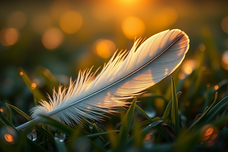 macro shot of a soft feather resting on dew-covered grass at sunrise, with golden bokeh effect, f/1.8 aperture, ISO 100, 50mm lens, shot with a full-frame DSLR, natural lighting, shallow depth of field.
