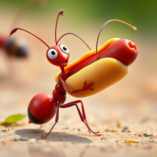 Create a cartoon-style image of a red ant happily carrying a large hot dog, vibrant colors, high resolution, 50mm lens, f/2.8 aperture, soft natural lighting, shot with a DSLR camera.