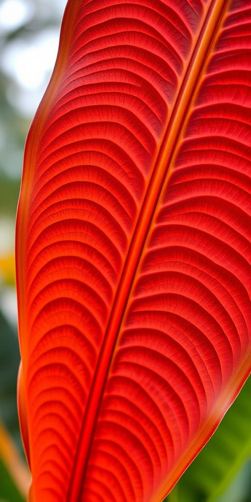 Capture a close-up image of a large tropical leaf with intricate textures and vibrant colors against a softly blurred background, using a DSLR camera, with a 50mm lens, aperture set to f/2.8 for shallow depth of field, ISO 100 for crisp clarity, and natural lighting to enhance the leaf's details.