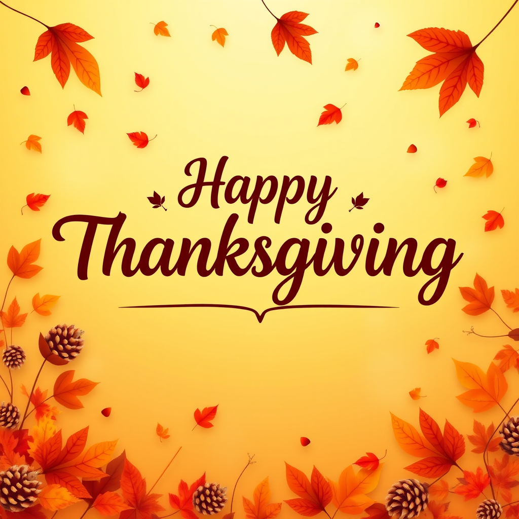 Create a warm and festive autumn-themed image with a gradient background of orange and yellow hues. Include a variety of falling leaves in shades of red, orange, and brown. In the center, display the text "Happy Thanksgiving" in a stylish and inviting font, using a dark brown color for contrast. Add subtle decorative elements like pine cones and additional leaves for a cozy, seasonal feel.