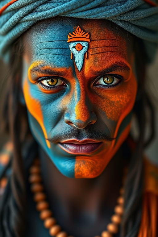 Create a hyper-realistic portrait of a character resembling a deity with blue and orange face paint, using a Canon EOS R5, ISO 100, f/1.8, 50mm lens, natural light, and a shallow depth of field for enhanced detail and vibrant color.
