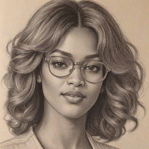 Beauteous Drew Sidora, pencil sketch, portrait of Appealing woman 1978s in glasses, hair style beatnik, outline, clear lines, fine lines, 8k