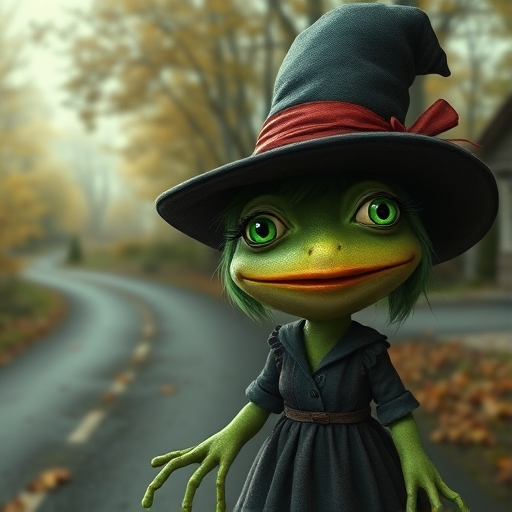 digital art fantasy depicting a strange girl with green hair, long eyelashes, green lipstick and a tall hat walking along a winding road on an autumn afternoon, an Frog smiles as she passes