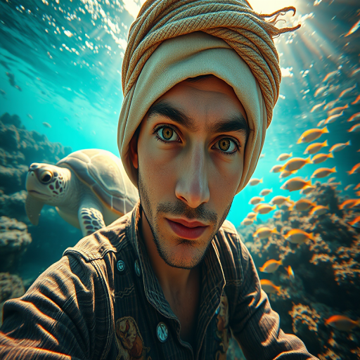 Realistic selfie image of a Coptic, wearing a vintage outfit, detailed dreamy eyes, droopy hooded eyes, staring at the camera, taken underwater at coral reef with a sunbeam filtering through the water, vibrant, summer vacation, natural lighting, turtle and school of tropical fish with vibrant colors, rendered in the style of CryEngine, Pegi Nicol MacLeod, with realistic genre scenes, hauntingly beautiful narratives, ultra-realism, and Thomas Saliot's close-up technique, 8K resolution, crystal clear and sparkling water.