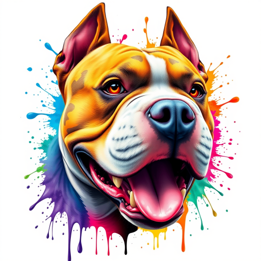 Create a hyper-detailed splash art of an American Bully dog's head on a clean white background. The design should include vibrant color splashes and drips in complementary colors, focusing on the tongue and eyes, expressive features and intricate contours. The dog's expression should be intense, almost roaring, and the overall composition should be different positions, feel fantastic and dynamic, as if a part of a digital fantasy artwork would be rendered in an 8k resolution, inspired by a mix of oil painting techniques and a stylized, epic Instagram aesthetic.