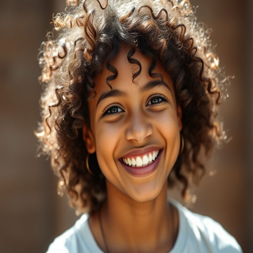 portrait of a young woman with curly hair smiling widely, natural light, 50mm lens, f/1.8 aperture, ISO 100, shallow depth of field, soft focus background, Canon EOS R5