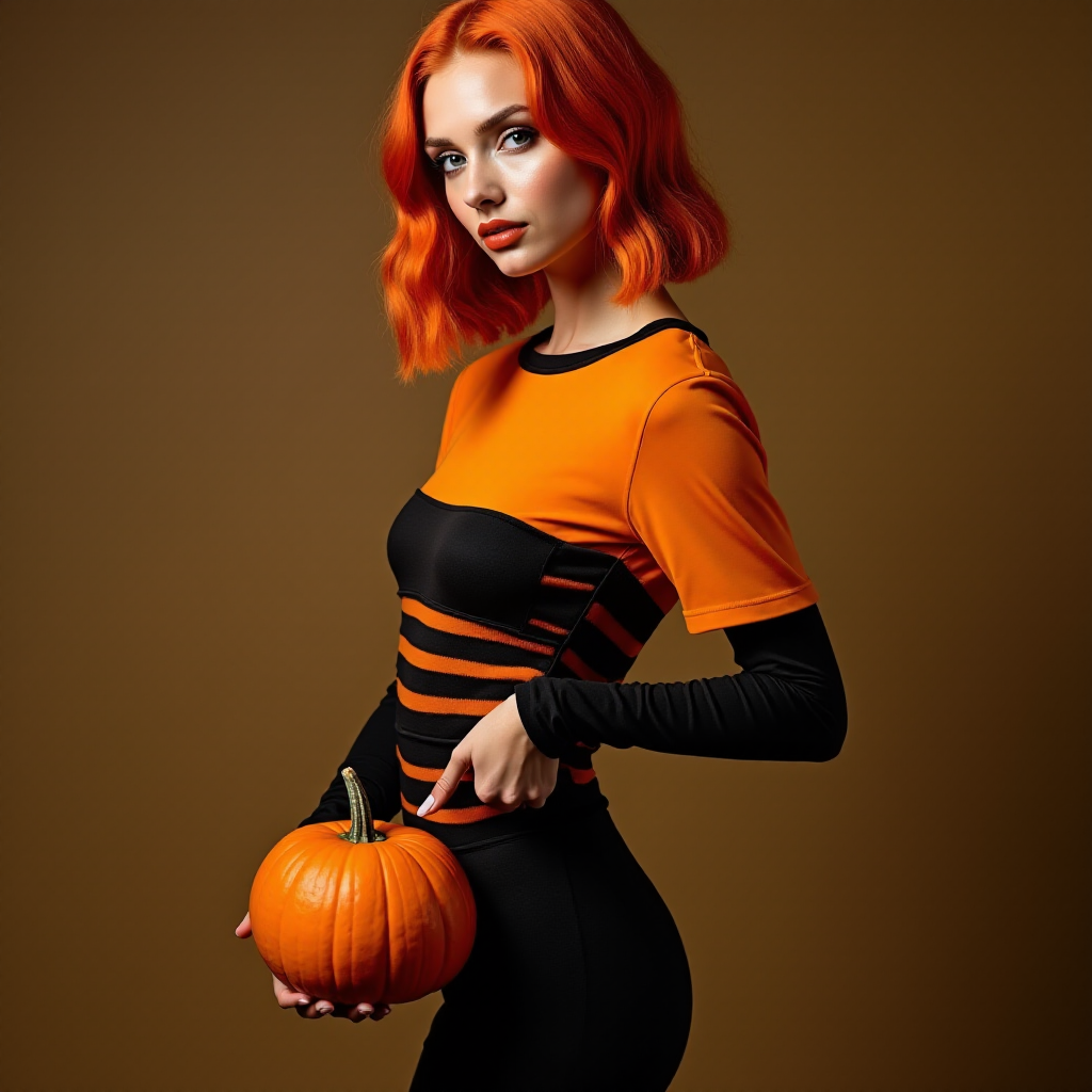 beautiful woman in orange and black Halloween colors, stripes. striking. pumpkin on shirt. I'm orange hair. full body. side shot holding pumpkin