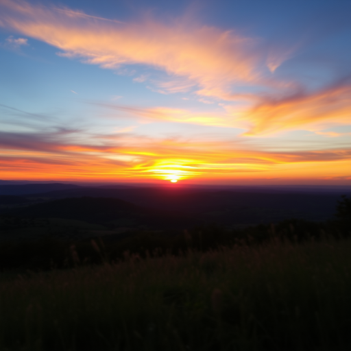 Create a high-resolution image of a serene landscape at sunset with vibrant colors, using a DSLR camera at 24mm, f/8 aperture, ISO 200, and a shallow depth of field for soft backgrounds.