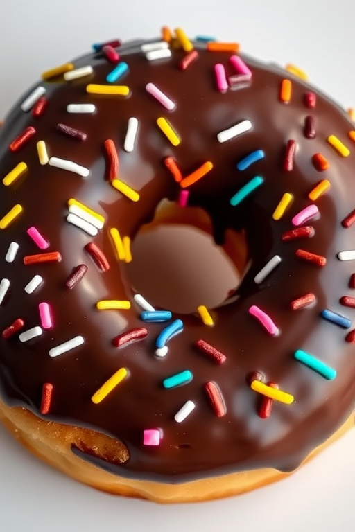 Create a hyper-realistic image of a chocolate-covered donut with colorful sprinkles, using a DSLR camera with a 50mm lens, aperture f/2.8, shutter speed 1/125s, ISO 100, in natural light, focusing on a slightly elevated angle to capture texture and detail.