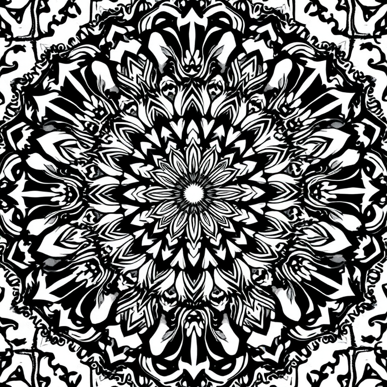 Create an intricate black and white mandala design with detailed patterns and symmetry using a Canon EOS R5 with a 50mm f/1.8 lens, aperture set at f/8, ISO 100, and a top-down view for enhanced clarity and depth.