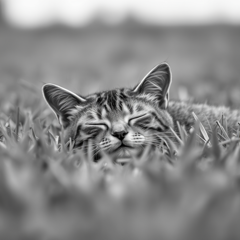 Generate an image of a sleeping cat in a grassy field captured with a DSLR camera at f/2.8 aperture, ISO 100, shutter speed 1/200s, with a shallow depth of field and a soft background, focusing on the cat's peaceful expression in black and white.