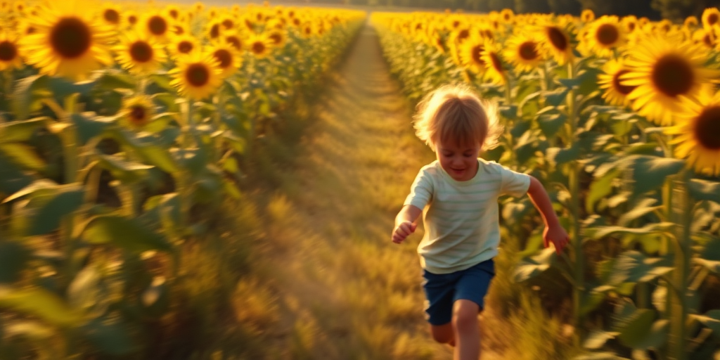 Blurry action shot of a child running through a sunflower field, soft golden light from the setting sun casting long shadows, with tall sunflowers swaying in the breeze.