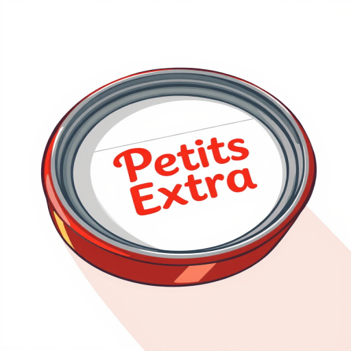 Create an illustration of an open canister with a label reading "Petits Extra," using a high-resolution vector style, ensure sharp edges, vibrant colors, and a white background; camera settings: ISO 100, f/11, 1/250 sec, camera view: top-down, camera style: minimalist, camera type: digital art software.